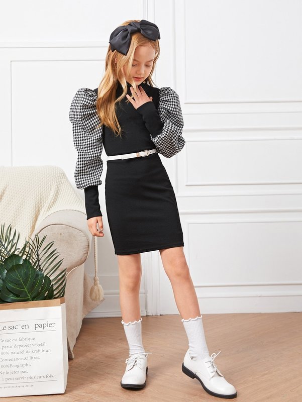 Girls Contrast Houndstooth Puff Sleeve Dress Without Belt SHE