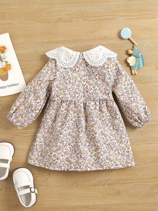 Baby Ditsy Floral Eyelet Embroidered Statement Collar Bishop Sleeve Dress SHE