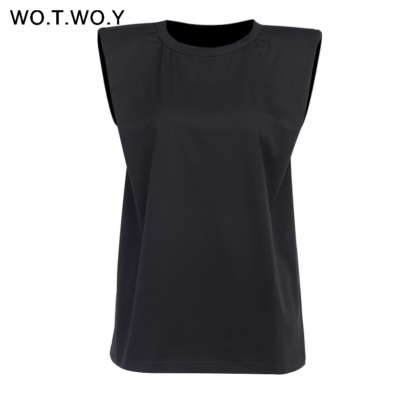 WOTWOY Elegant Sleeveless Loose Tshirt Women High Street Summer Tops Tee Shirt Female Cotton Black White Korean Tops Women T200614
