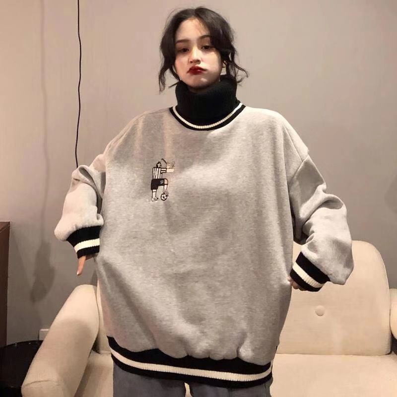 Winter Korean style Harajuku plus velvet hoodies women hoodies thick high collar stitching sweatshirt loose tops coat tide 201211