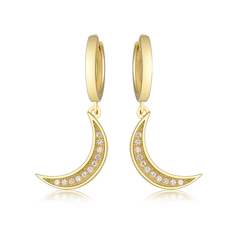 Authentic 100% 925 Sterling Silver Gold Color Moon Pendant Hoop Earring Women Fashion Luxury Zircon Round Loops Jewelry Piercing