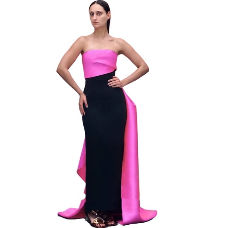 Modern Hot Pink And Black Satin Evening Dresses Strapless Chic Celebrity Party Gowns Simple Sheath Women Long Formal Occasion Wear Color Matched Prom 