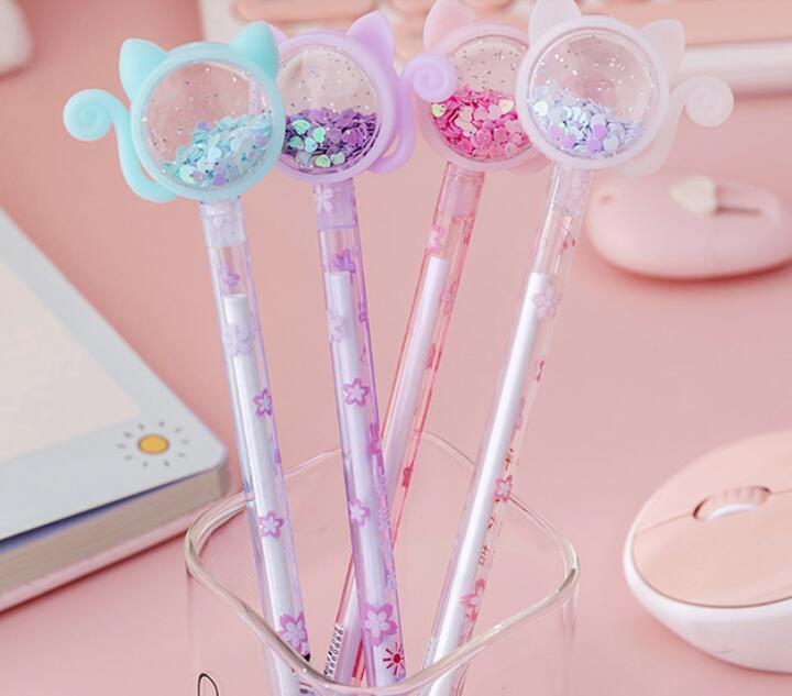 Transparent Cat Sequins Gel Pen 0.5mm Student Cute Signature Gel Stationery Pens School Office Supplies Writing Tools GC759
