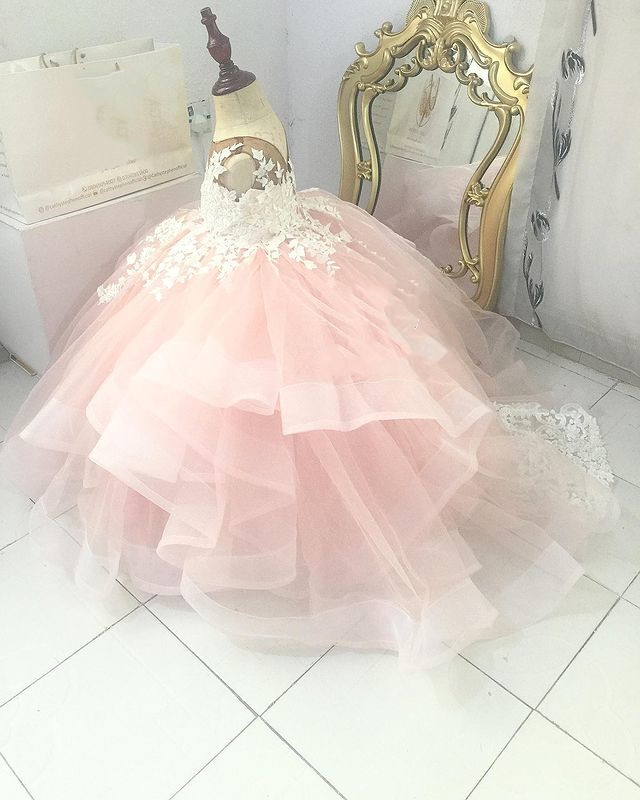 Pink Lace Flower Girl Dresses Sheer Neck Tiers Ball Gown Little Girl Wedding Dresses Cheap Communion Pageant Dresses Gowns ZJ737