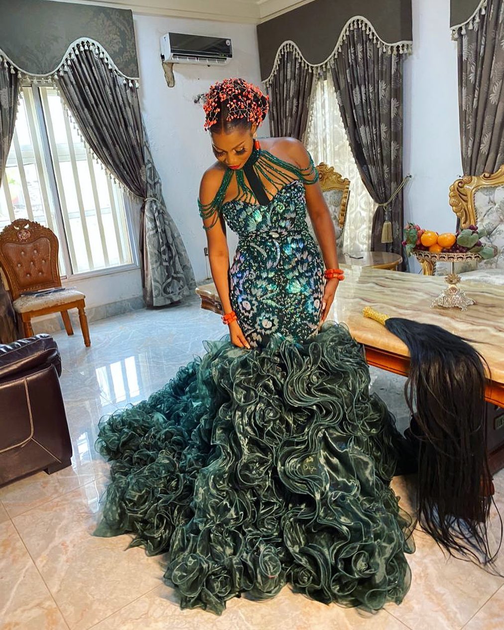 Aso Ebi 2021 Arabic Dark Green Luxurious Evening Dressses Lace Beaded Prom Dresses Tiers Formal Party Second Reception Gowns ZJ6788