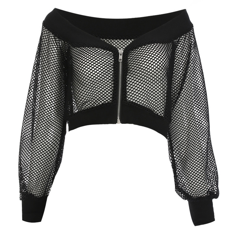 Rosetic Gothic Sexy Short Women Blouse Black Mesh See-Through Slash Neck Hollow Off Shoulder Long Sleeve Club Street Goth Blouse T200321