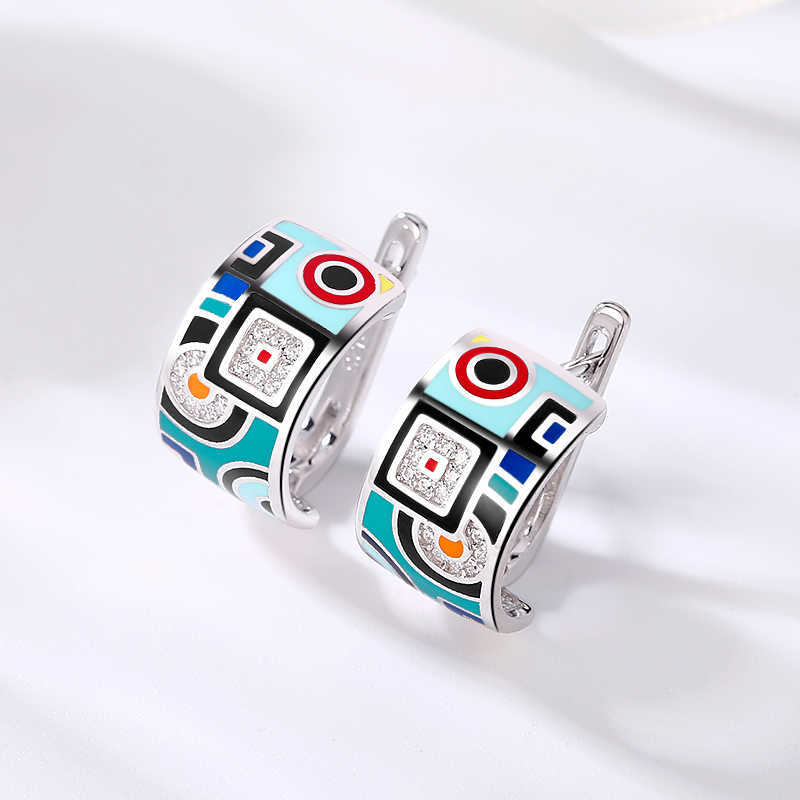 OGULEE Arrival 925 Silver Stud Earrings Round Shape blue-green Enamel Classic pattern CZ For Women Fine Jewelry 210616
