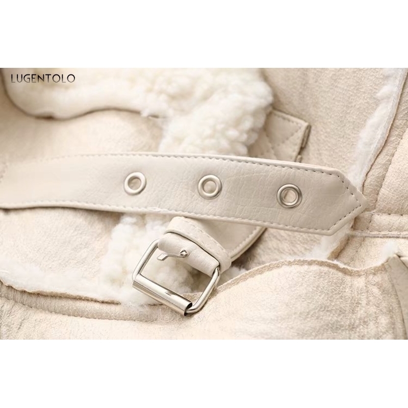 Lugentolo Leather Jacket Women Winter Lamb Wool Turndown Fur Collar Long Sleeve PU Moto Zipper Keep Warm Thick Coat T200811