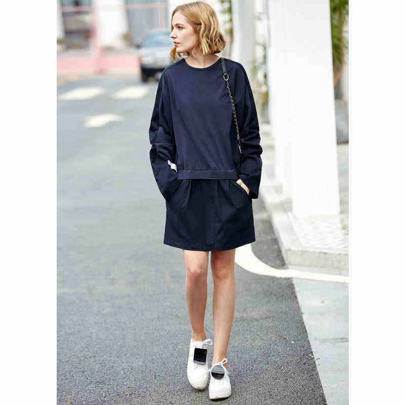 Backless Dress Autumn Women Round Neck Solid Loose Female Dresses 11980011 210527