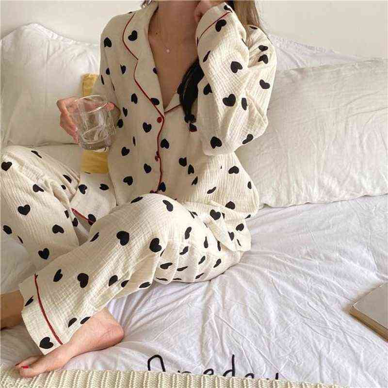 QWEEK Cotton Pijama Heart Print Pajamas for Women Korean Sleepwear Autumn Pyjama Pour Femme Long Sleeve Set Woman 2 Pieces Pjs 211118