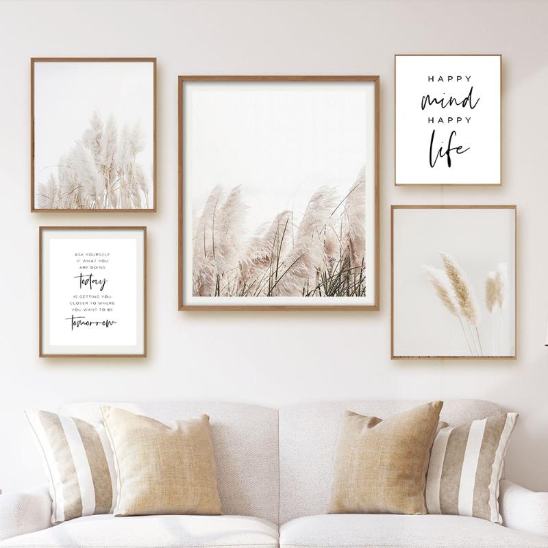 Vintage Botanical Natural Pampas Grass Art Print Poster Quotes Beige Canvas Painting Wall Picture For Living Room Home Decor