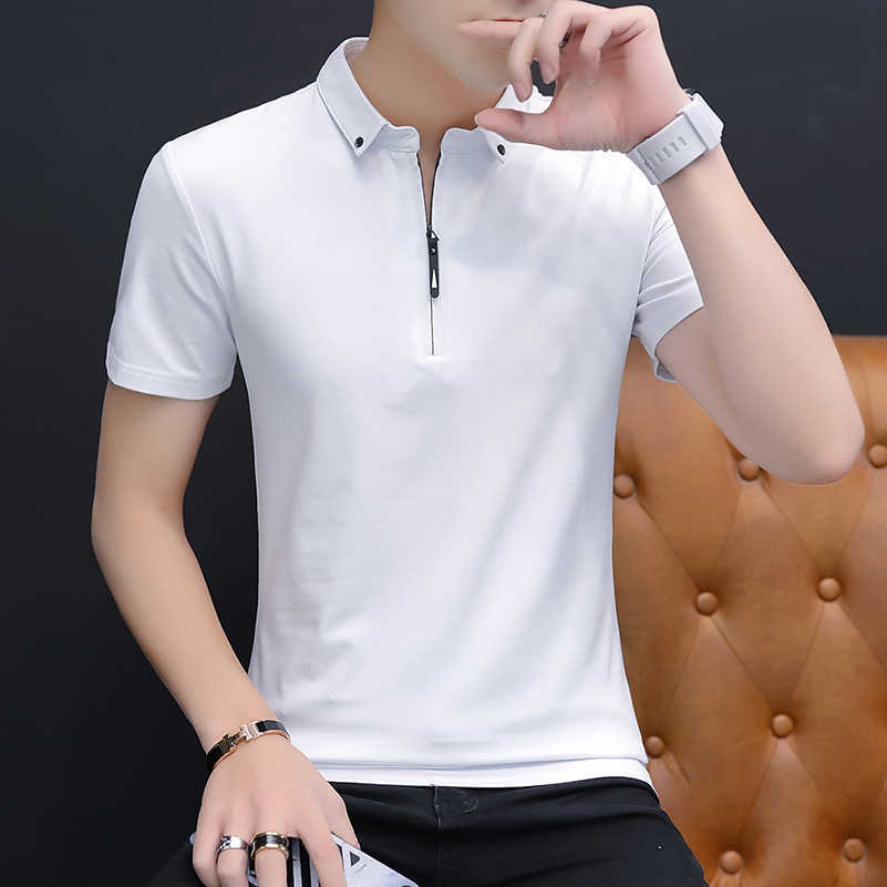 Liseaven Men Turn-down Collar T-Shirts Slim Fit Cotton T Shirts Solid Color Short T-Shirt Men's Casual Shirt Homme 210707