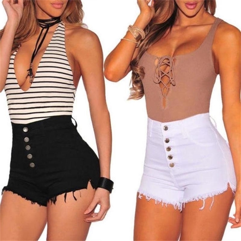 Women Summer Casual Short Pants Solid Color High Waist Shorts Buttons Sexy Jeans 210714
