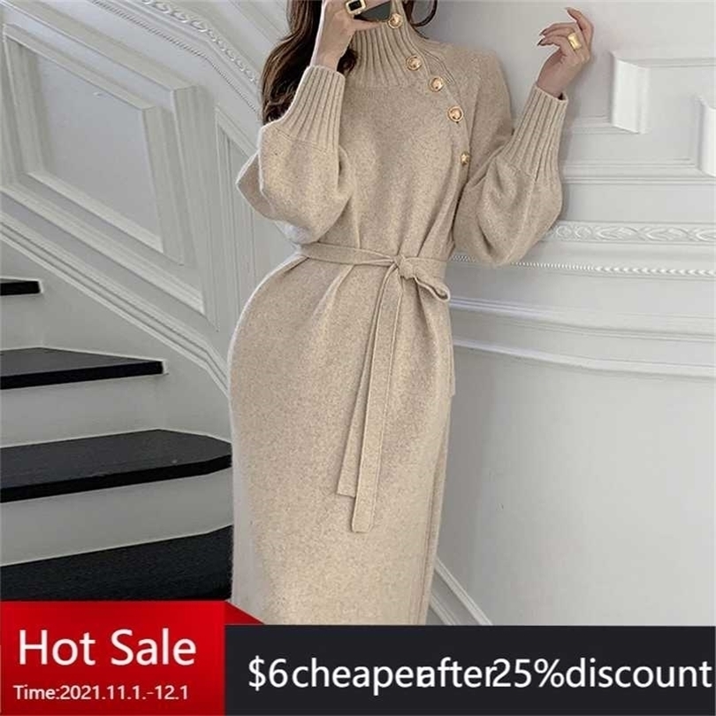 Solid Knitted Sweater Bandage Dresses Turtleneck Full Sleeve Elegant Midi Dress with Buttons Winter for Women 211109, Black
Solid Knitted Sweater Bandage Dresses Turtleneck Full Sleeve Elegant Midi Dress with Buttons Winter for Women 211109, Black