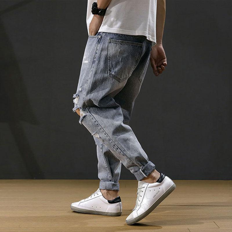 Korean Fashion Men Jeans Loose Fit Retro Blue Destroyed Ripped Jeans Men Baggy Harem Pants Embroidery Designer Hip Hop