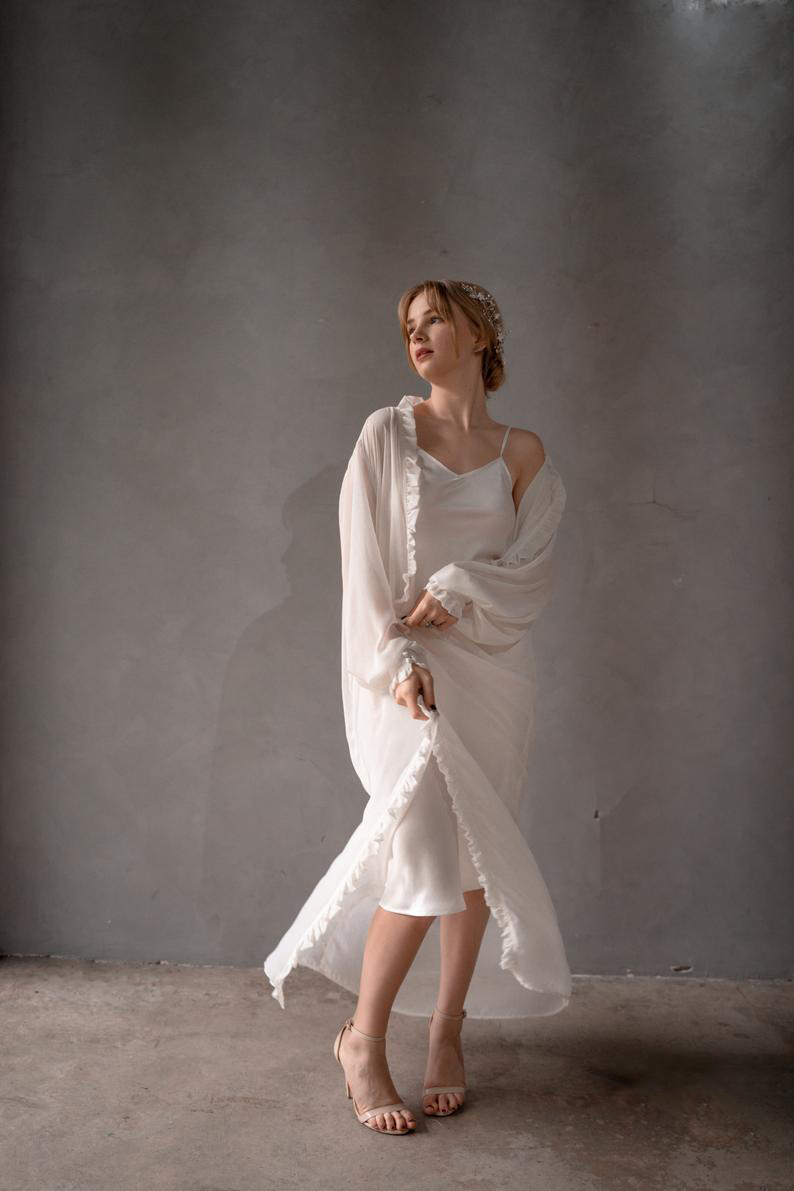 2 Pcs Bridal Sleepwear Photography Props Spaghetti Straps Undergarment Women Ruffle Long Sleeve Robes Women Nightgowns Custom Made