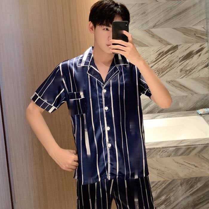 Summer Silk Male Sleepwear Men Pyjamas Plus Size 4XL 5XL Short Sleeve Home Wear Autumn Boy Pajama Set Leisure Sleepwear Set 210812