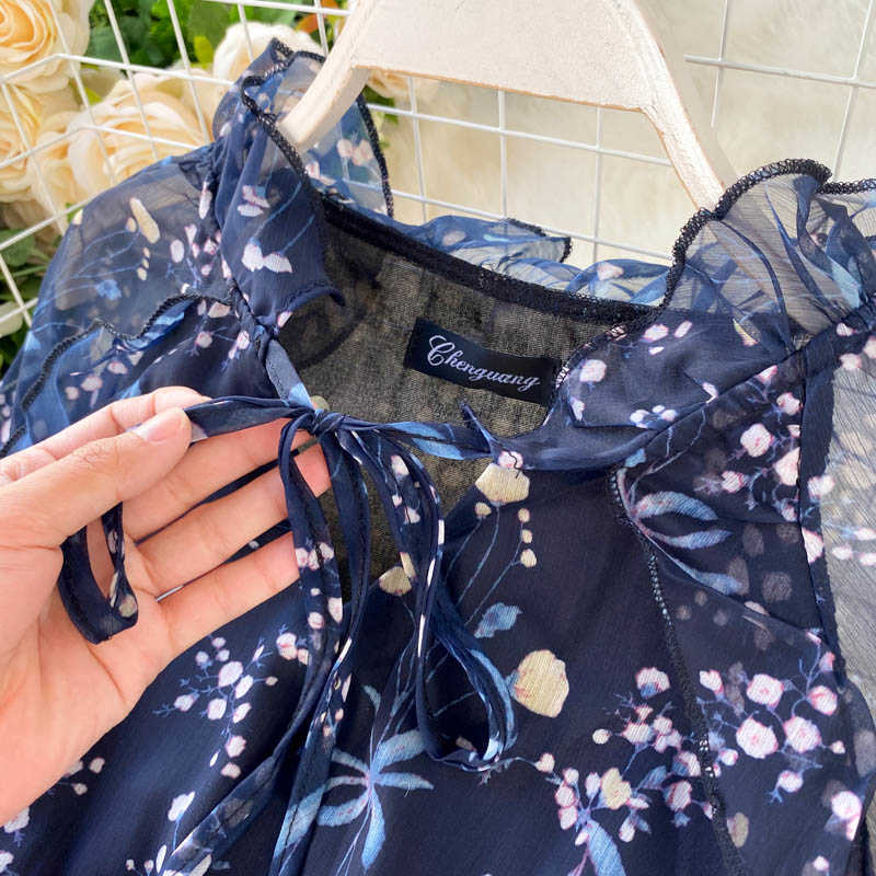 LY VAREY LIN Spring Elegant Puff Sleeve Ruffles Hem Lace Up O Neck Print Women Dresses High Waist Blue Ladies Party 210526