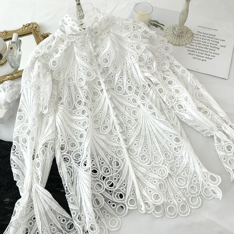 BOHO Inspired spring Vintage white blouse women long sleeve hollow out women blouses shirts chic ruffle sleeve boho blouse 210225
