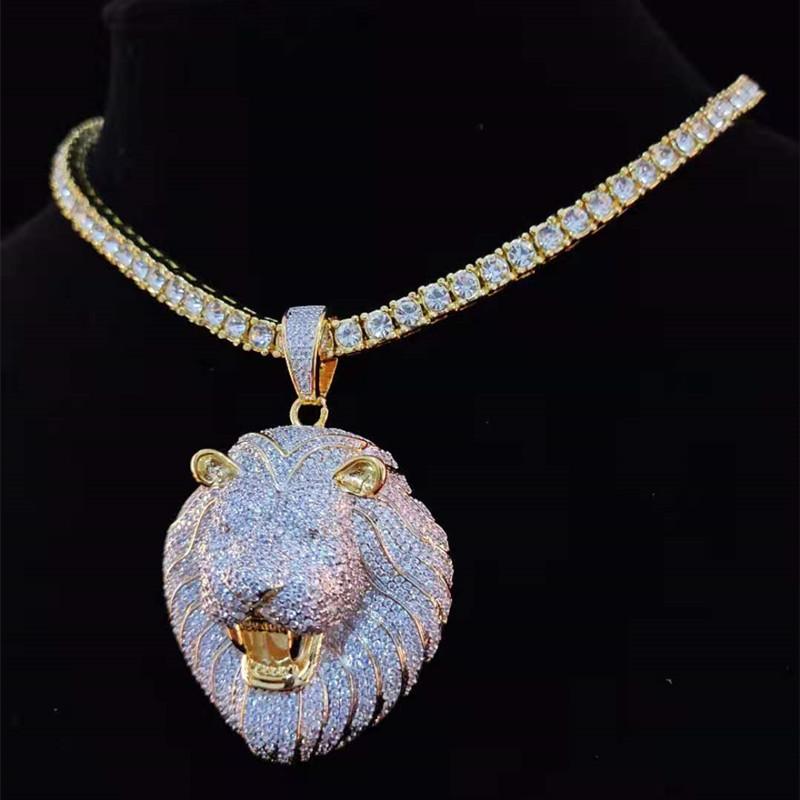 Pendant Necklaces Men Hip Hop Lion 039s Head Necklace With 4mm Zircon Tennis Chain Iced Out Bling HipHop Male Jewelry Fashion G