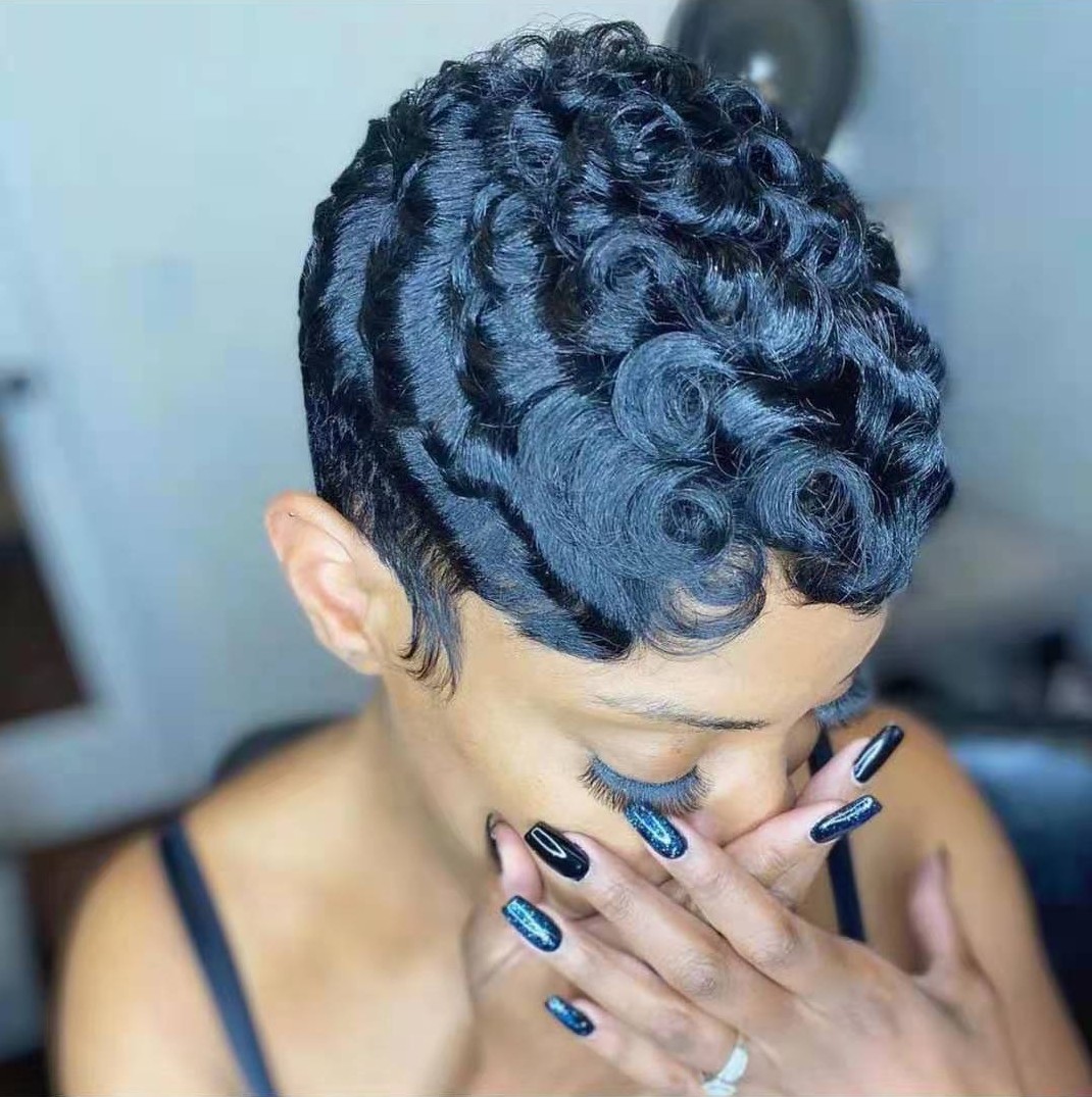 Black Pixie Cut Bob Curly Human Hair Wigs Jerry Curly Short Brazilian Lace Frontal Wig for American Women