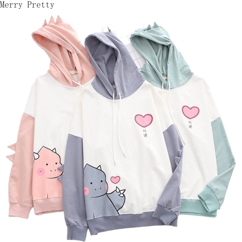 Women Cartoon Dinosaur Print Funny Hoodies Sweatshirts With Horns On Hooded Harajuku Cute Cotton Pullover Casual Loose Tracksuit 201102