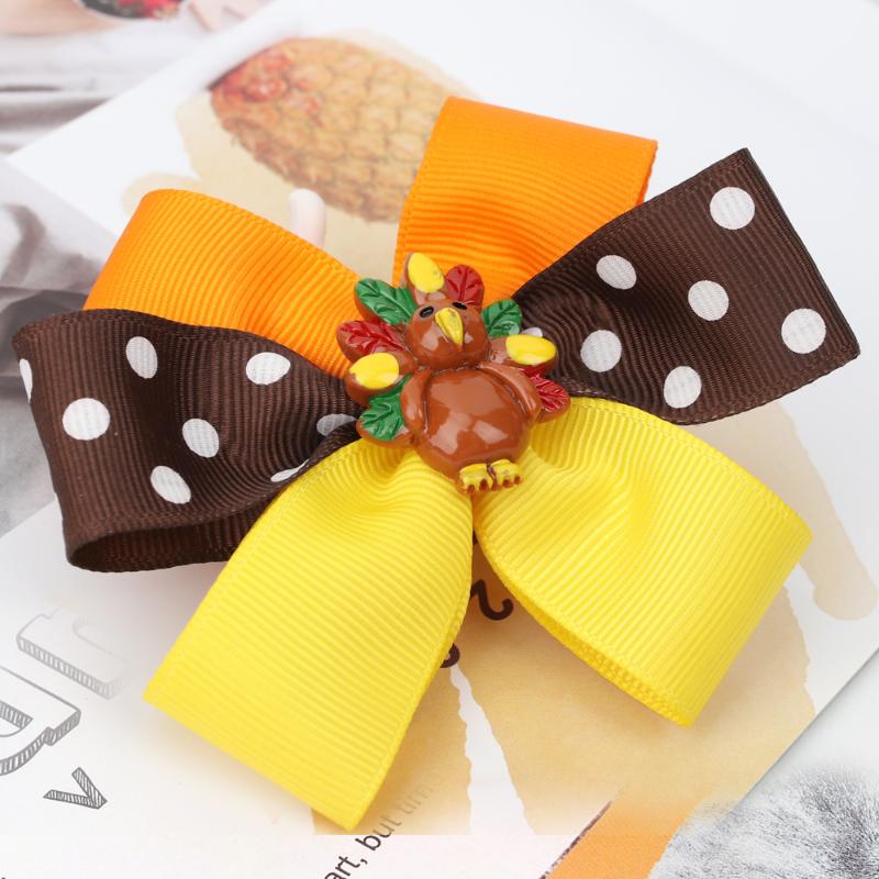 CN 6 Pcs/lots 3.5 " Thanksgiving Hair Bows For Girls Kids Stack Dot Turkey Hair Clips Hairpins Festival Accessoriess