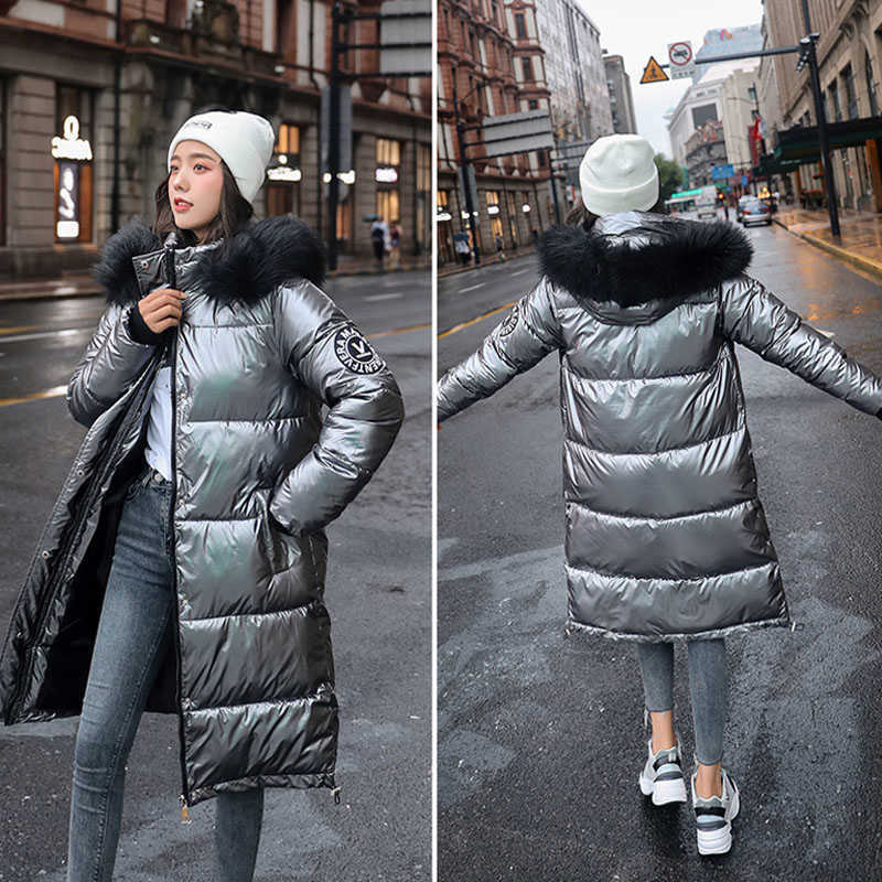 Women's Winter Fur Collar Hooded Long Over-The-Knee Coat Pu Bright Skin Is Thin Korean Down Parker Cotton Woman Jacket 211013