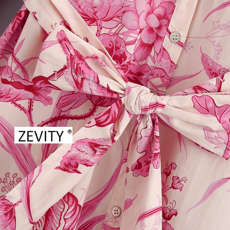 Zevity New women vintage birds flower print shirt dress office lady three quarter sleeve bow sashes vestidos chic dresses DS4152 210303