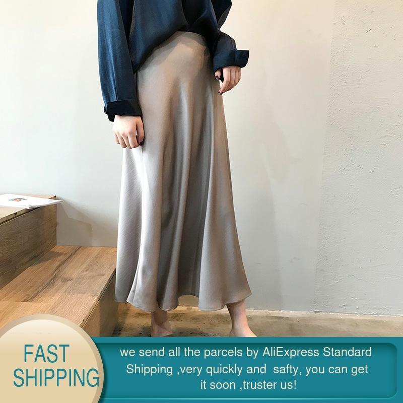 Garemay Midi Maxi Long High Waist Satin Skirt Women Elegant Silk ALine Solid Vintage Ol Ladies Summer Skirts Womens 210306