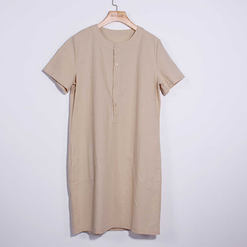 Women Short Sleeve Button Cotton Linen Summer Dress Oversize Loose Casual Breasted Pocket Solid Midi Straight Dresses Femme 210526