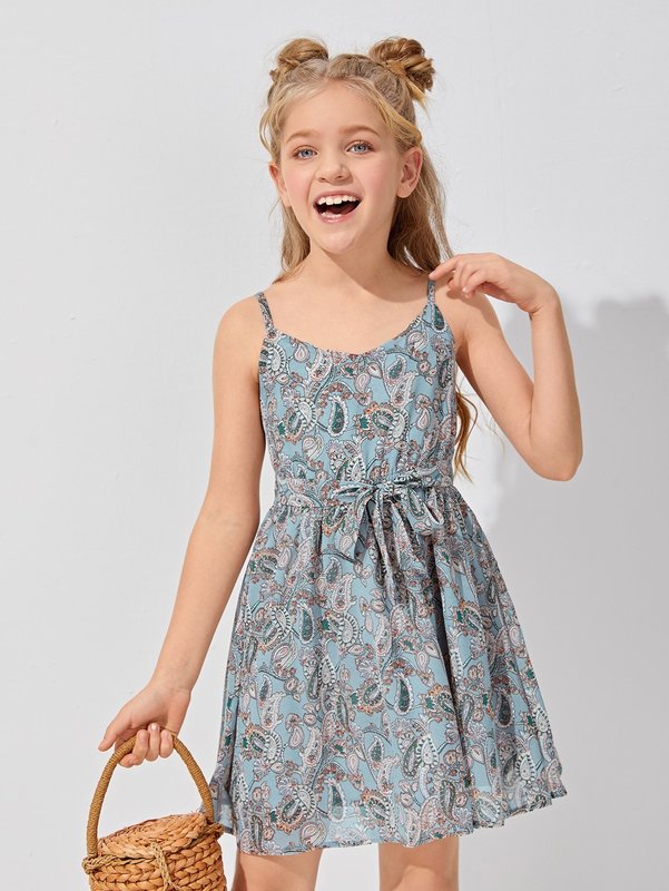 Girls Allover Paisley Print Belted Slip Dress SHE