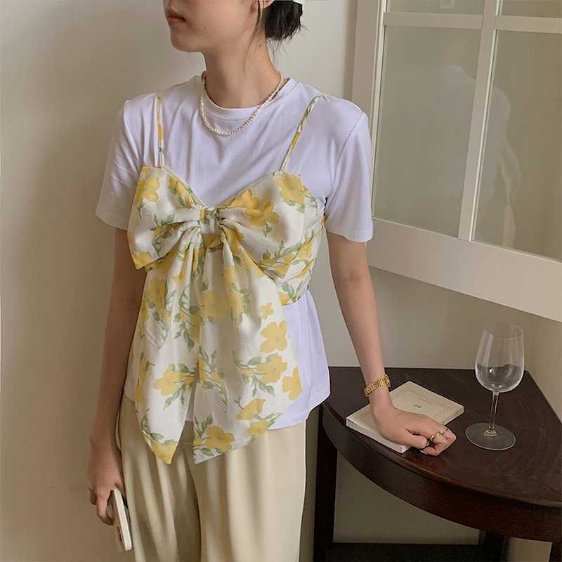 Bow Decoration Flower Print Camisole for Women Fashion Sweet Fresh Cute Patchwork Vests Elegant Temperament All-match Woman Tops 210525