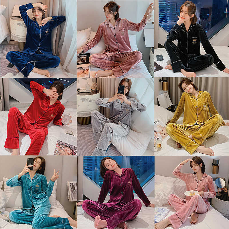 JULY'S SONG Woman Knitted Pajamas Set 2 Pieces Solid Color Velvet Lapel Long Sleeve Trouser Striped Casual Winter Sleepwear 210809 - view 6