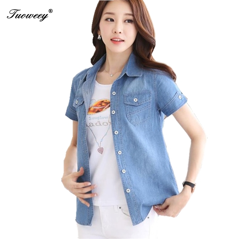 Cotton spring Fashion Loose Denim Women Blouses short Sleeve Shirts Women Tops vintage Jeans Blouse Female Casual Clothing T200321