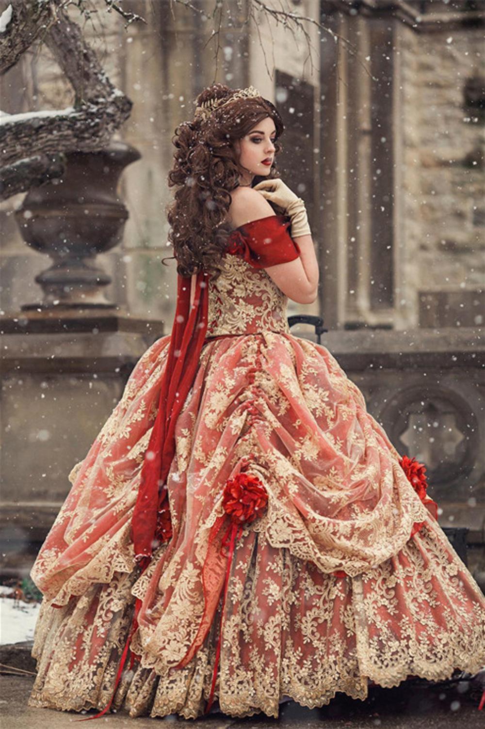 Vintage Red Gold Gothic Prom Dresses Off Shoulder Medieval Ball Gown Victorian Lace-up Corset Renaissance Evening Dresses Custom Made