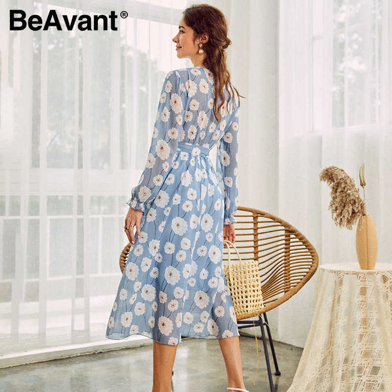 BeAvant Casual flare sleeve dress women Office ladies high waist belt long dress Elegant floral printed blue summer dresses 210709