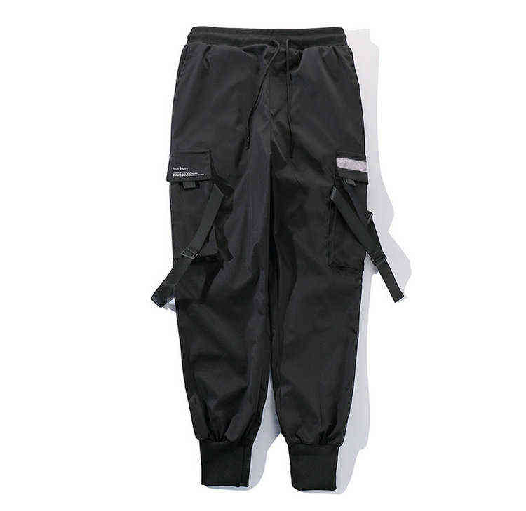 Men Cargo Pants Black Ribbons Block Multi-Pocket Harem Joggers Harajuku Sweatpant Hip Hop Casual Male Trousers 211112