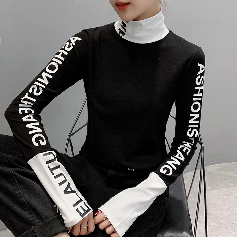 Fall Winter European Clothes Tshirt Chic Patchwork Letter Thick Broshed Long Sleeve Brushed Cotton Tops Ropa Mujer Tees T00514A 210302