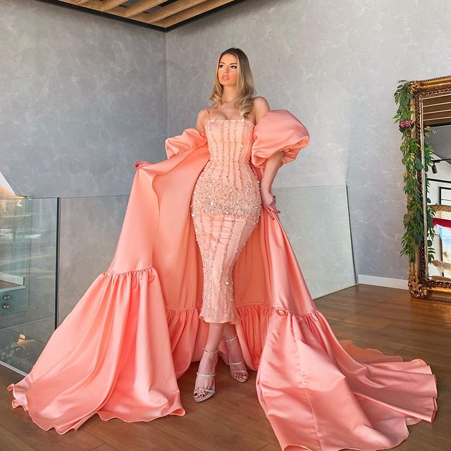 Aso Ebi 2021 Arabic Blush Pink Sheath Evening Dresses Stylish Beaded Crystals Prom Dresses Satin Formal Party Second Reception Gowns ZJ215