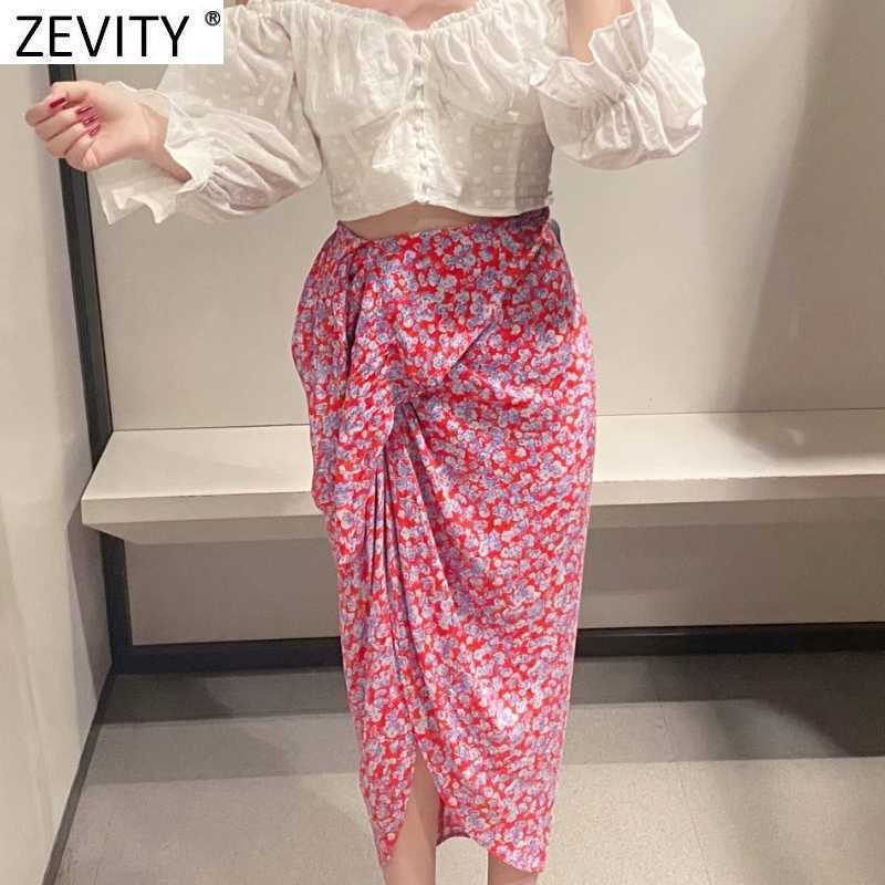 Zevity Women Sweet Floral Print Bowknot Sarong Skirt Faldas Mujer Female Chic Pleat Split Vestido Back Zipper Slim Skirts QUN778 210619