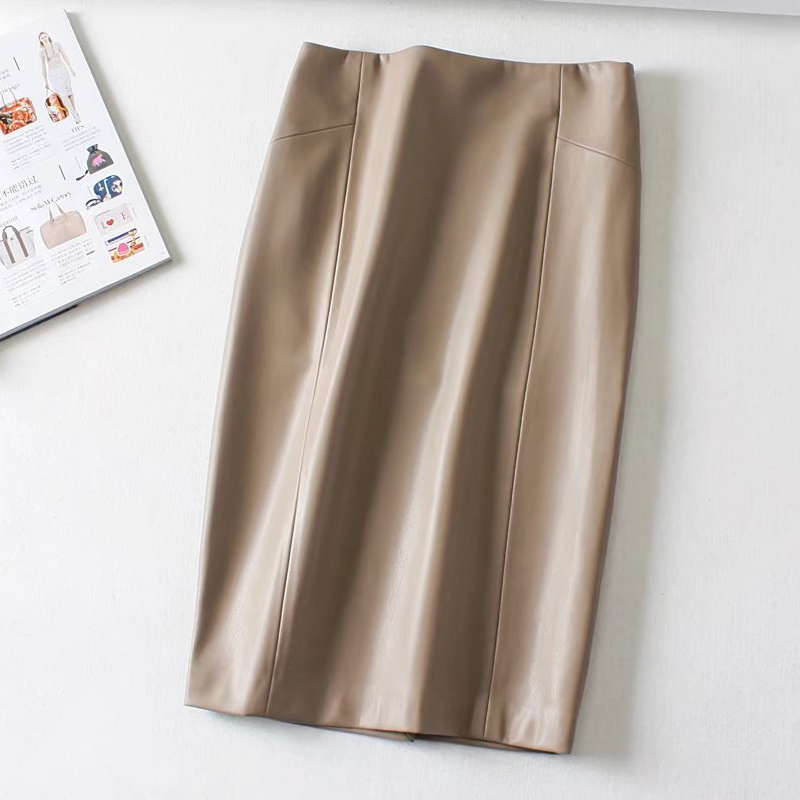 Women Sexy Soft PU Leather Pencil Midi Skirt Autumn Ladies Package Hip Back Split Faux Leather Pencil Skirt Burgundy Coffee 210306
