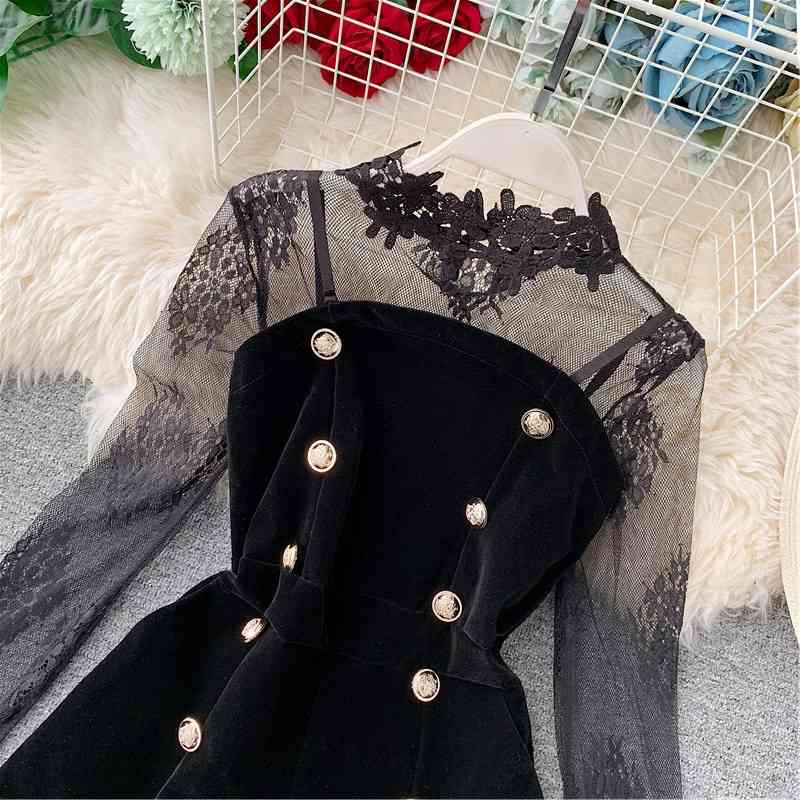 Joinyouth Two Piece Outfits Lace Tulle Pullover Flare Sleeve Shorts Gold Velvet Button Solid Fashion Clothes Female 231 210707