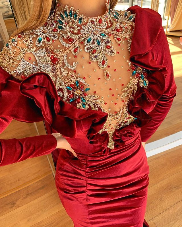 Aso Ebi 2021 Arabic Luxurious Burgundy Mermaid Evening Dresses Beaded Crystals Prom Dresses Velvet Formal Party Second Reception Gowns ZJ268