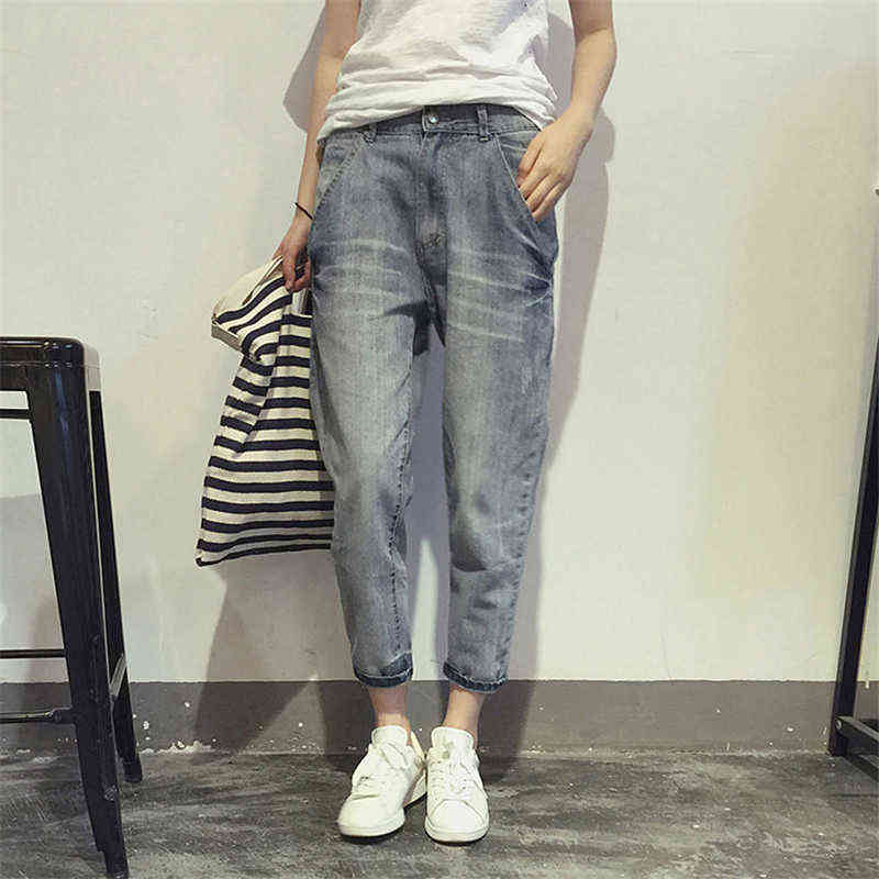 16023 Women's Jeans Spring Korean Style Loose Office Ladies Streetwear Solid Color Light Blue Elastic Bleach Scratch Denim Pants 211129
