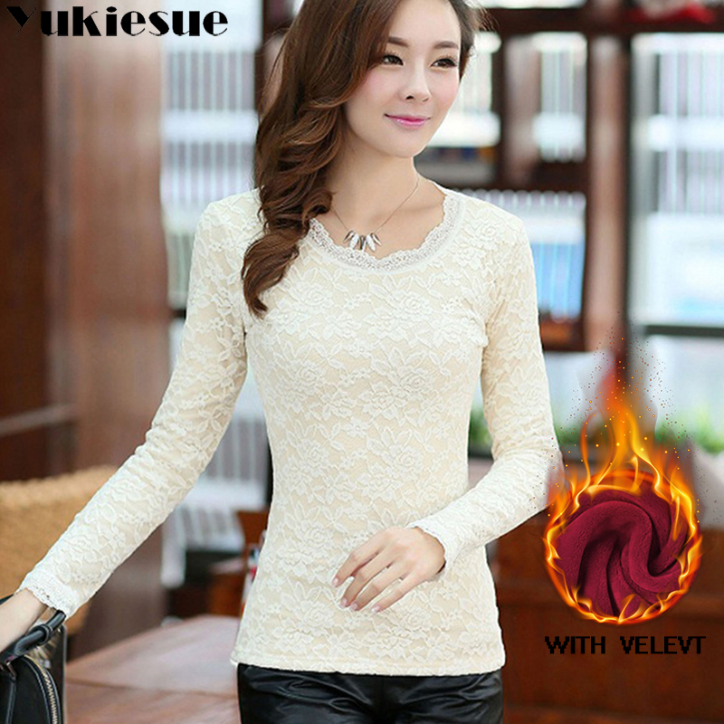 sexy white lace blouse shirt Women tops elegant winter warm fleece blouse Summer tops female blouse long sleeve blusas Plus size 210225