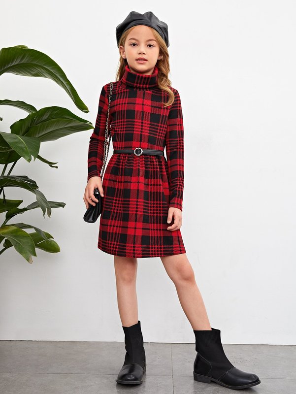 Girls Plaid Print Dress Without Belt SHE
