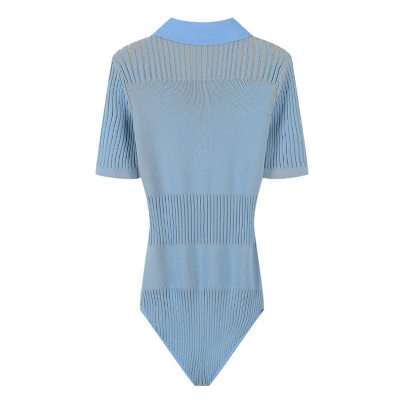 90'S Vintage Knitting Contrast Color Open Lapel Short Sleeve Bodysuit Women Short Jumpsuit Slim Fit Rompers Playsuits C-123 210310