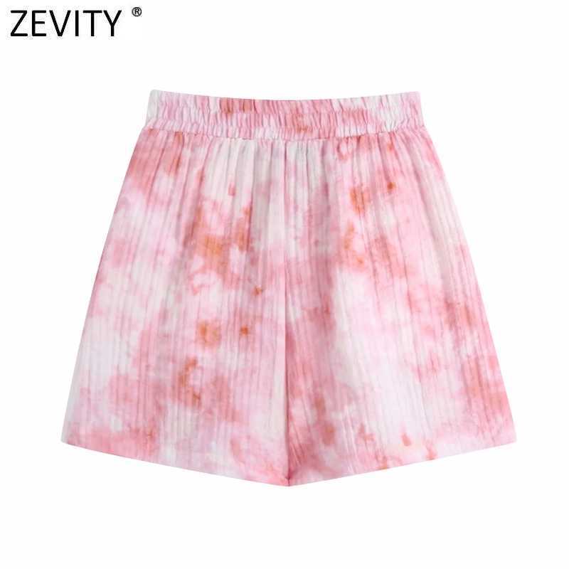 Zevity Women Fashion Tie Dyed Print Casual Bermuda Pleats Shorts Female Chic Elastic Waist Summer Pantalone Cortos P1035 210603