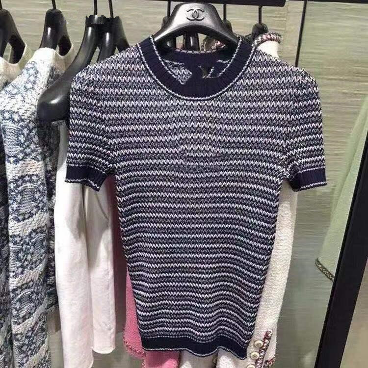Women's Knits new temperament round collar Tees stripe color short-sleeved tight blouse Shirt Women Sweater